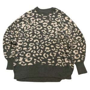 Aerie Oversized Leopard Print Sweater Cozy Soft Knit Sage Green White L/G